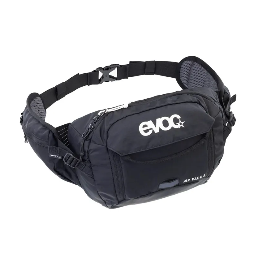 Riñonera EVOC Hip Pack 3L+Bolsa 1.5L Negro para mtb letras blancas