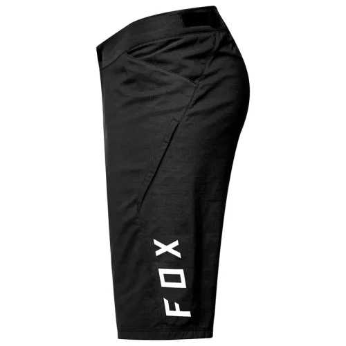 Pantalón corto Fox Ranger Negro para mountain bike, vista lateral con logo blanco
