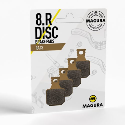 Blíster original de pastillas de freno de disco Magura 8.R Race con cuatro pastillas visibles y diseño oficial de la marca, ideales para MTB de alto rendimiento.