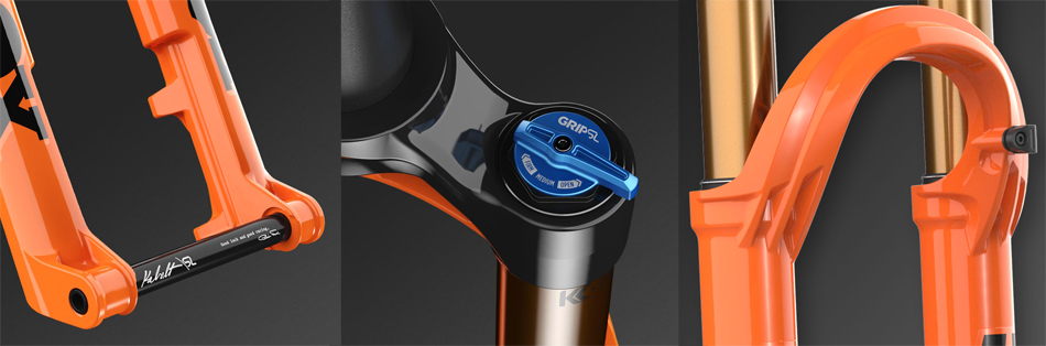 Detalle del puente y barras Kashima de la horquilla FOX 34 SC Factory Grip SL Orange