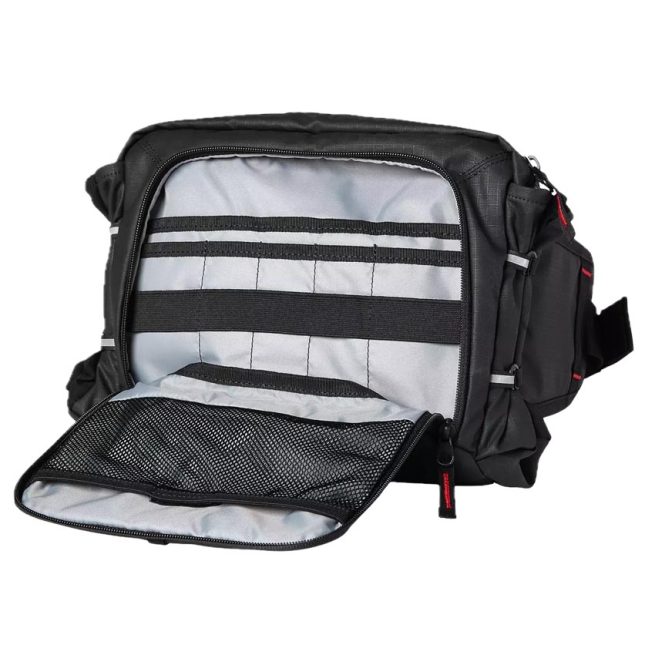 Riñonera Fox Lumbar Hydration Pack 5LInterior de la Riñonera Fox Lumbar Hydration Pack 5L con compartimentos organizadores para herramientas y accesorios de ciclismo