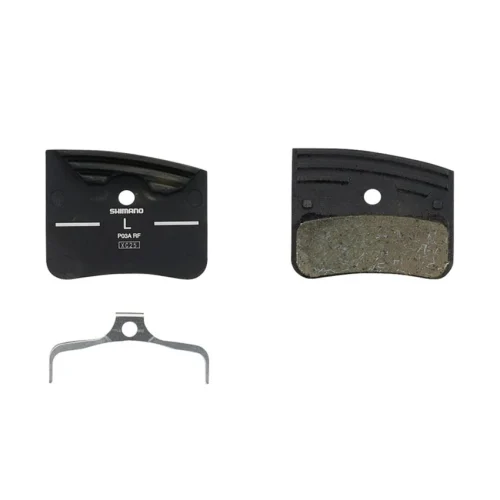Pastillas de freno de disco Shimano P03A de resina para MTB, compatibles con frenos Shimano de 4 pistones. Juego de pastillas orgánicas silenciosas con excelente modulación y frenada progresiva, incluye muelle de montaje.
